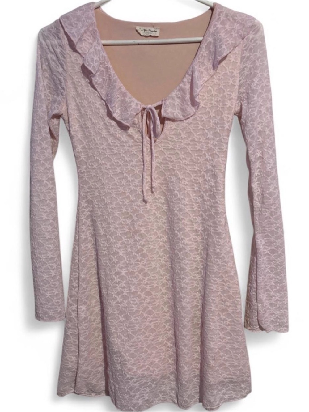 See You Monday Pale Pink Lace Ruffle Tie-Front Long Sleeve Dress